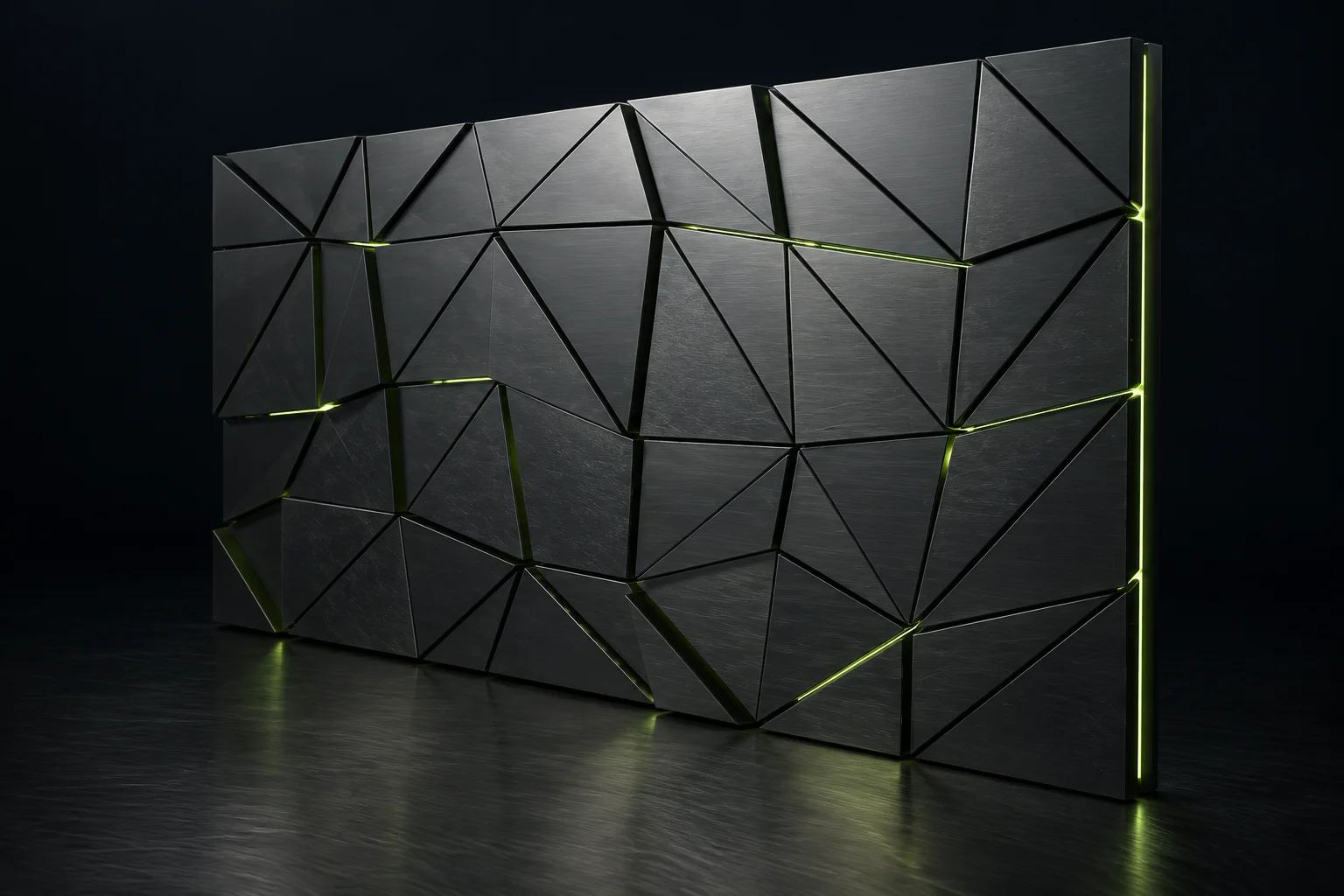 Triangular brushed-metal panels with lime light between their edges and a soft floor reflection.